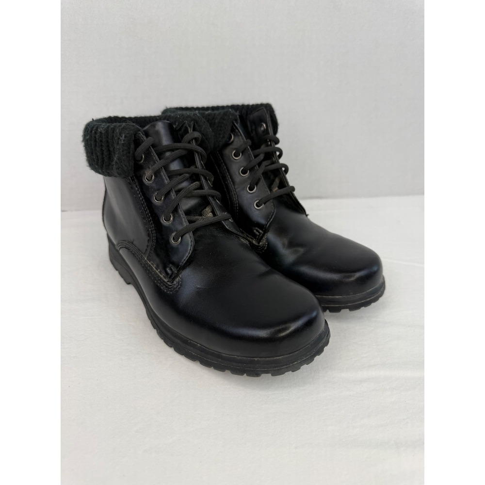 Vintage Thom McAn Black Leather Lace Up Ankle Boots Knit Collar Womens 8